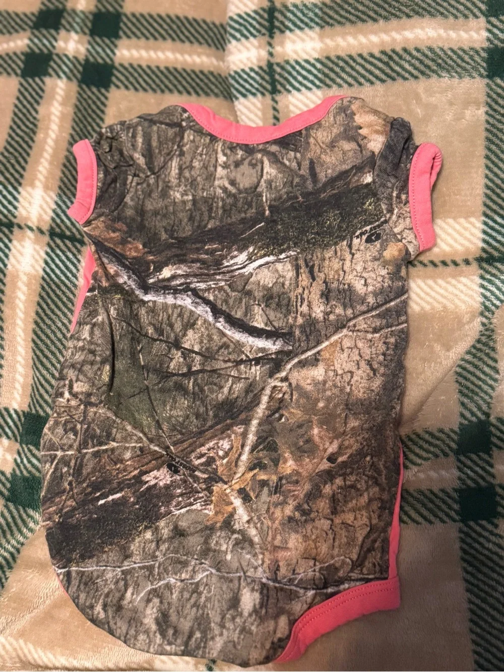 Carhartt Pink Onesie with Deer Graphic and Camo Trim